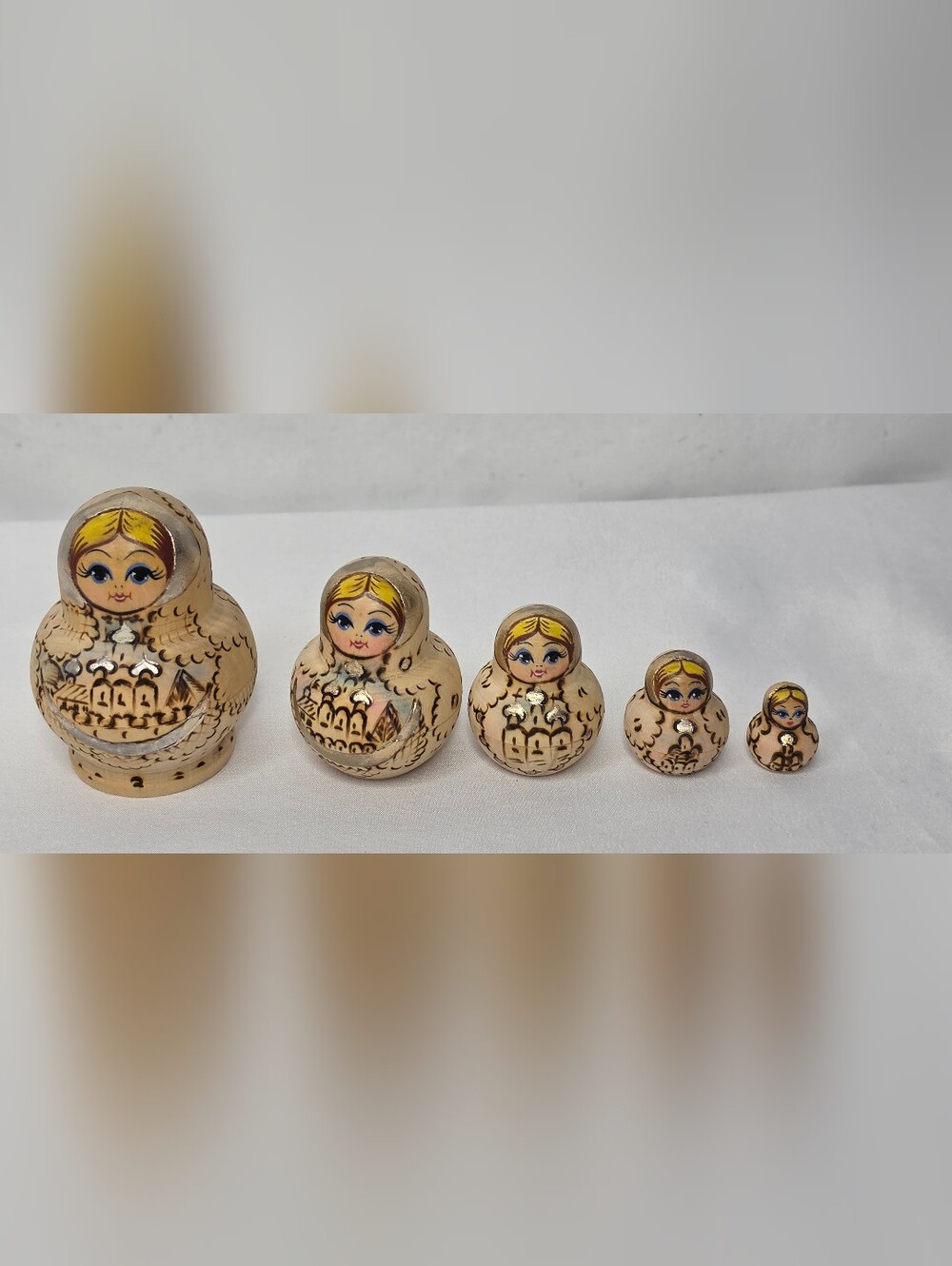 Vintage Wooden Matryoshka Nesting Dolls Set 5 Hand Painted Wood Burned Church
